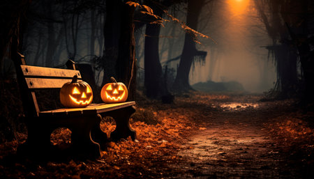 Halloween pumpkins on a bench in a spooky forest night.の素材