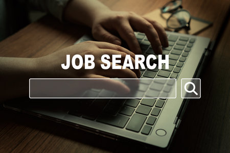 Woman using laptop with VR browser to search for a job. Find your career. Using online website to find a job.の写真素材