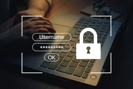 Woman using laptop with VR interface of secure access to user's personal information. Sign in or...