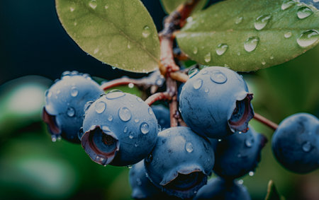 Fresh organic blueberries on a bush.の素材