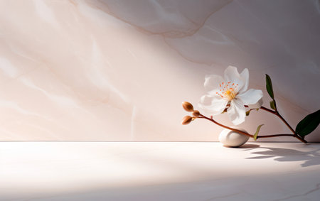 White marble background with moody shadows, white orchid and space for product presentation. Stage showcase for beauty, spa products and cosmetics. Promotion sale or advertising.の素材