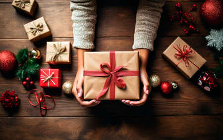 Top view of hands wrapping Christmas gifts over wooden surface.の素材