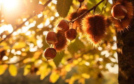 Closeup of fresh chestnuts on vibrant autumn forest.の素材