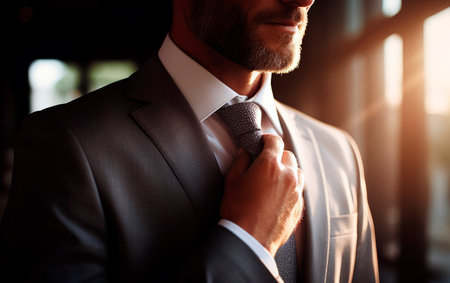 Closeup photo of businessman adjusting his necktie.の素材