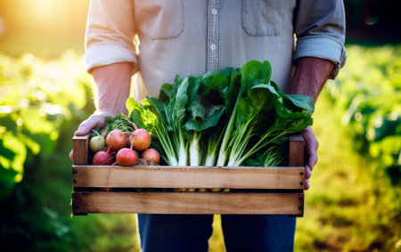 Closeup photo of man holding a basket with fresh vegetables. Healthy and eco life. Eat healthy food.の素材