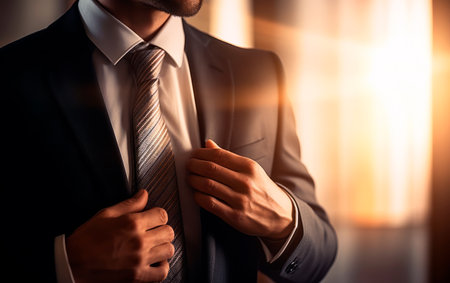 Closeup photo of businessman adjusting his necktie.の素材