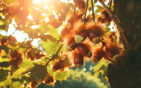 Closeup of fresh chestnuts on vibrant autumn forest.の素材
