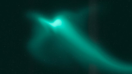 Green emerald color gradient grainy background. Illuminated spots on black. Noise texture effect.の写真素材