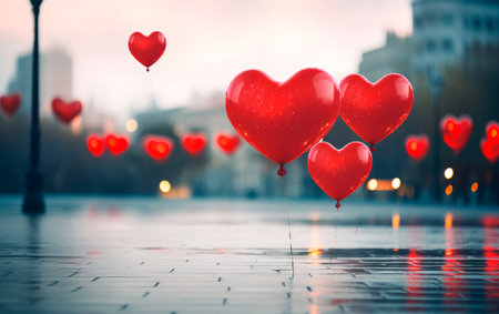 Valentine's Day banner. Heart balloons in the street. Header wallpaper of love concept. Celebrate life.の素材