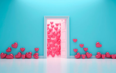 Valentine's Day banner. Wallpaper header of red hearts over the wall with copy space. Love concept. Celebrate life.の素材
