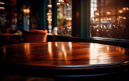 Classic wooden table of cozy restaurant. Space for product. Elegant and select restaurant table.の素材