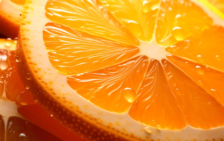 High view of fresh slices of oranges with water droplets. Studio shot.の素材