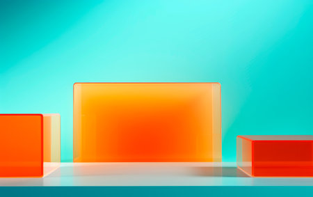 Abstract composition of colorful green and orange crystal walls. Product scene presentation. Promotion sale or advertising.の素材