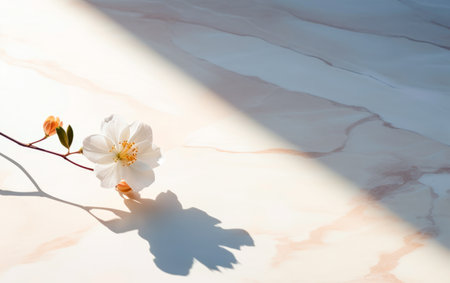 White marble background with moody shadows, white orchid and space for product presentation. Stage showcase for beauty, spa products and cosmetics. Promotion sale or advertising.の素材