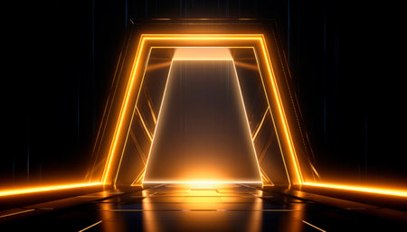 Futuristic abstract wallpaper with geometric neon lights in yellow tones and black background. Colorful laser portal design.の素材