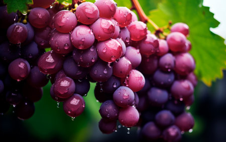 Red grapes on vineyard tree with water droplets.の素材
