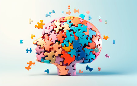 Illustration banner design of human profile made of colorful puzzle pieces. Knowledge and logic concept. Header with connecting jigsaw puzzle pieces with copy space.の素材