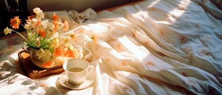 Banner of cozy morning on the bed with flowers, coffee and sun rays coming in from window. Photo with copy space.の素材