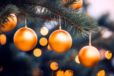 Close up photo of beautiful Christmas tree branches with golden balls decoration. Festive Christmas card with beautiful bokeh background and copy space.の素材