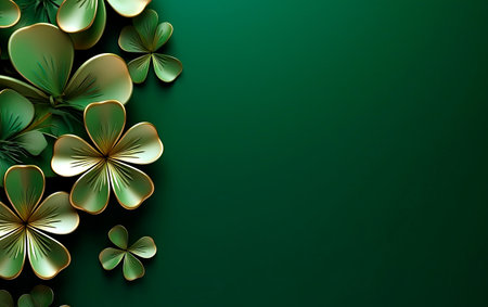 Green clovers over green background with empty space for text. Saint Patrick's Day still life concept.の素材