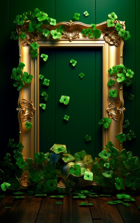 Beautiful golden frame in a magic forest of green shamrocks and leaprechauns with empty space for text. Saint Patrick's Day still life concept.の素材