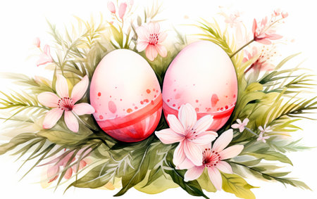 Set of beautiful watercolor easter eggs over white background with empty space for text. Colorful illustration for poster, card or greetings.の素材