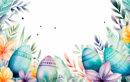 Set of beautiful watercolor easter eggs over white background with empty space for text. Colorful illustration for poster, card or greetings.の素材