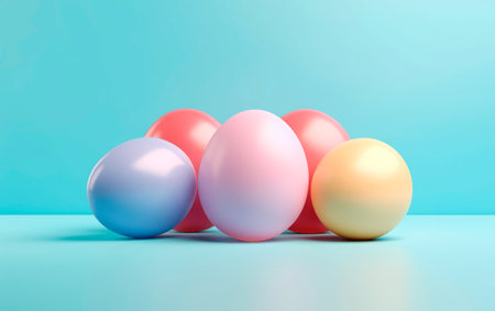 Row of colorful easter eggs over light blue background with space for text. Set of easter eggs photo for poster, card or greetings.の素材