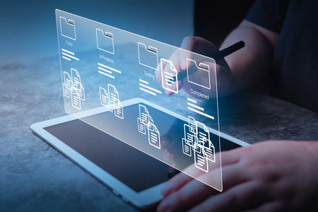 Woman use software for project management on digital tablet with VR interface. Business developer. Futuristic concept tool for fast changes.の写真素材