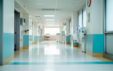 Blurred interior of hospital hall. Abstract medical banner with empty space for text.の素材