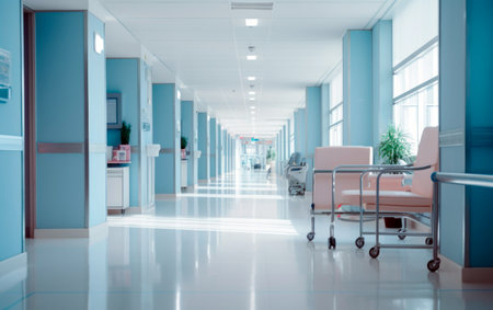 Blurred interior of hospital hall. Abstract medical banner with empty space for text.の素材