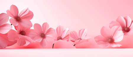 Header with flowers on light pink background. Greeting card template for mothers, women's day. Floral composition with empty space for text.の素材