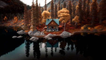 Wood cabin on a lake. Log cabin surrounded by trees and water in natural landscape.の素材