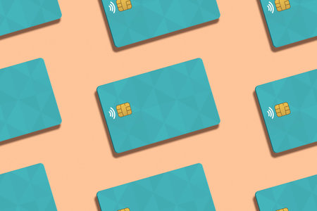 Pattern of realistic credit cards in Peach Fuzz color background. Credit cards pattern for mockup. 3D Rendering.の写真素材
