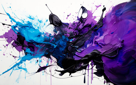 Abstract acrylic paint in pink, yellow, blue and black colors over white background. Vibrant wallpaper design with bold tones and splash texture. Oil painting on canvas.の素材
