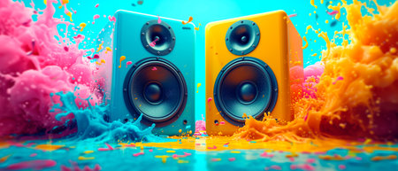 Speaker system for music in colorful background. Sound and audio equipment.の素材