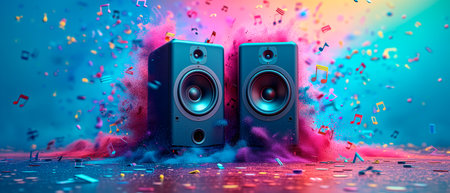 Speaker system for music in colorful background. Sound and audio equipment.の素材