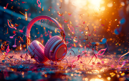 Studio shot of pink headphones over music note explosion background with empty space for text.の素材