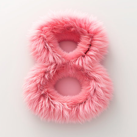 3D Render of number 8 with pink texture fur. 8th march women's day concept. Number isolated on white background for cutting out.の素材
