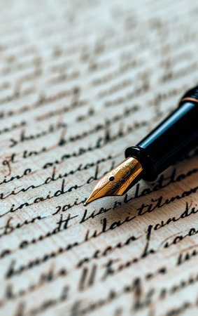 Fountain pen resting on handwritten document paper. Banner with empty space for text. Vintage pen and handwriting cursive style font. Old paper background.の素材