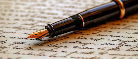 Fountain pen resting on handwritten document paper. Banner with empty space for text. Vintage pen and handwriting cursive style font. Old paper background.の素材