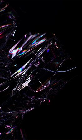 Close up of holographic glass shapes with dark background and colorful reflections. Abstract pattern wallpaper. Texture with nice glossy effect.の素材
