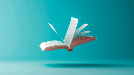 Open book flying over colorful background. Book day concept. Read, study, read and learn. Book mock up design.の素材