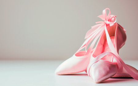 Pointe ballet shoes with ribbons over white background and empty space for text.の素材