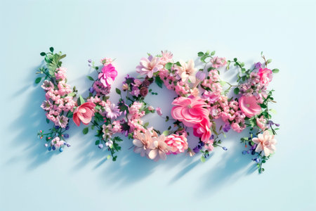 Bunch of spring flowers with the shape of the word mom over blue background. Happy mother's day concept.の素材