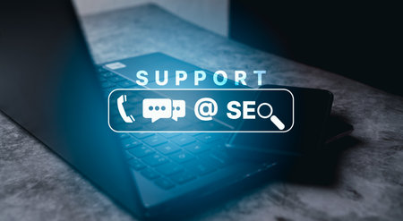 Desktop photo with customer support interface and copy space. Internet of things. Customer support...
