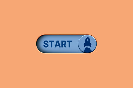3D digital blue button to switch on and start new business. Startup business concept. Icon of rocket...