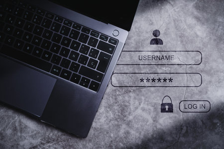 Desktop view with cyber security password login online on laptop. Data protection from hackers.