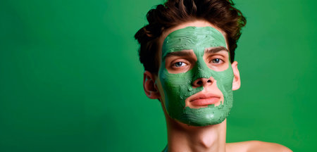 Young man wearing green face mask for skin care treatment. Wellbeing. Self care. Beauty and cosmetic header with copy space.の素材