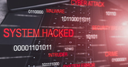 Desktop laptop keyboard with system hacked alert VR screen. Compromised information concept....